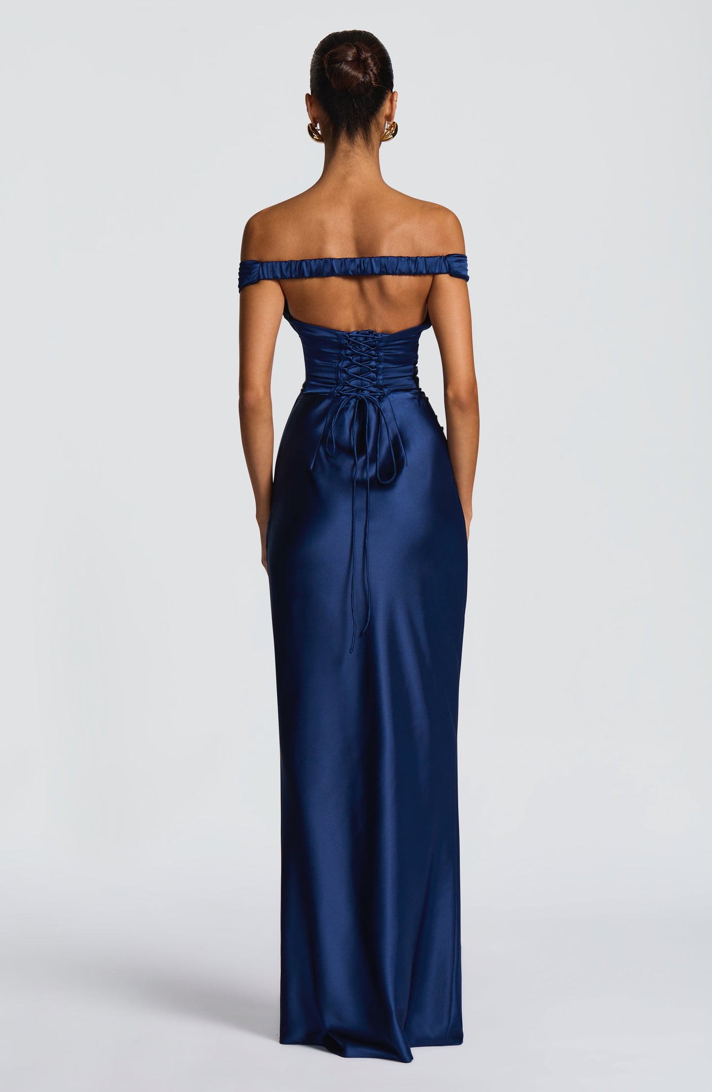 Women's navy eloise pleated maxi dress, back view