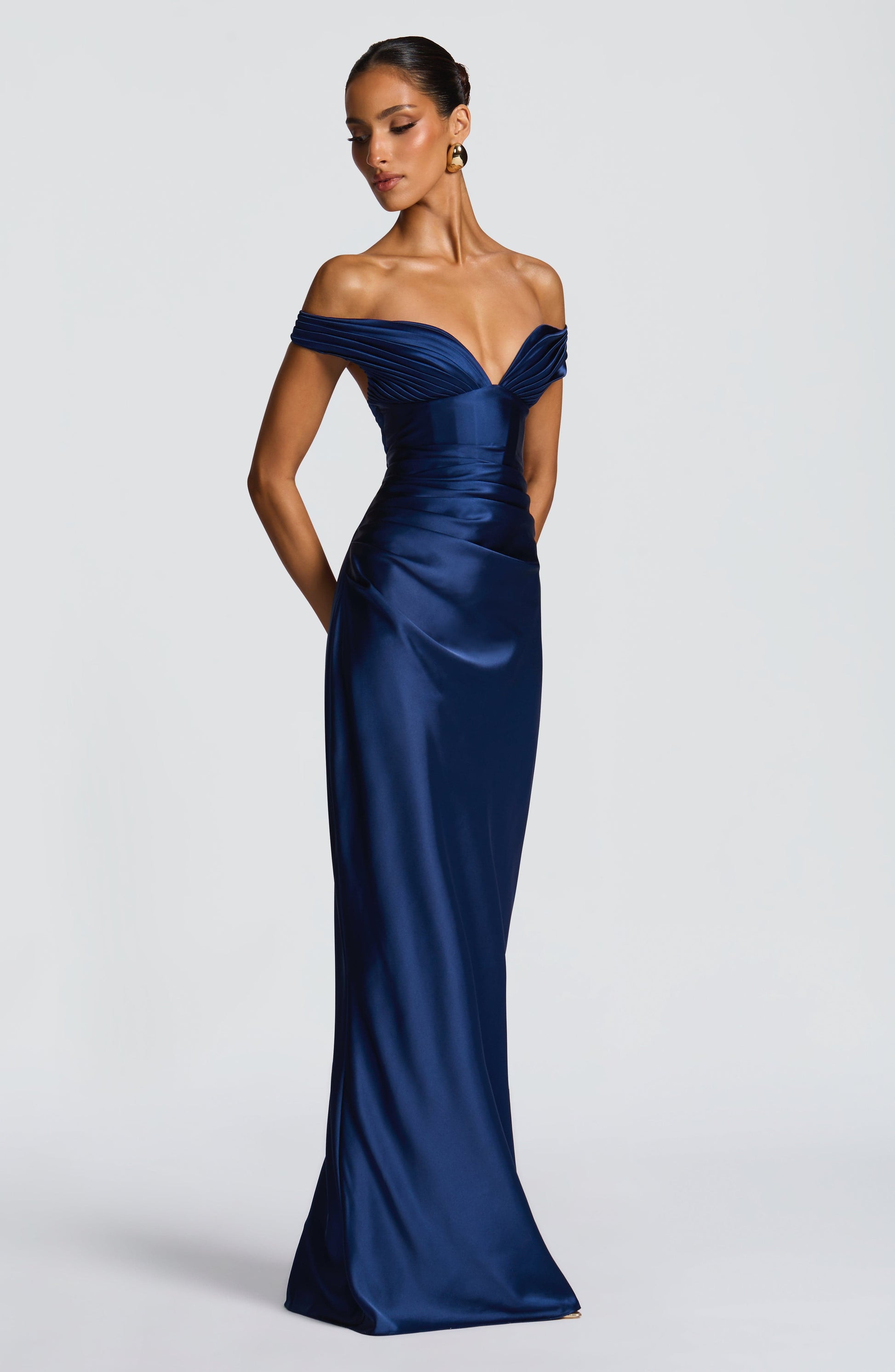 Women's navy eloise pleated maxi dress, styled view