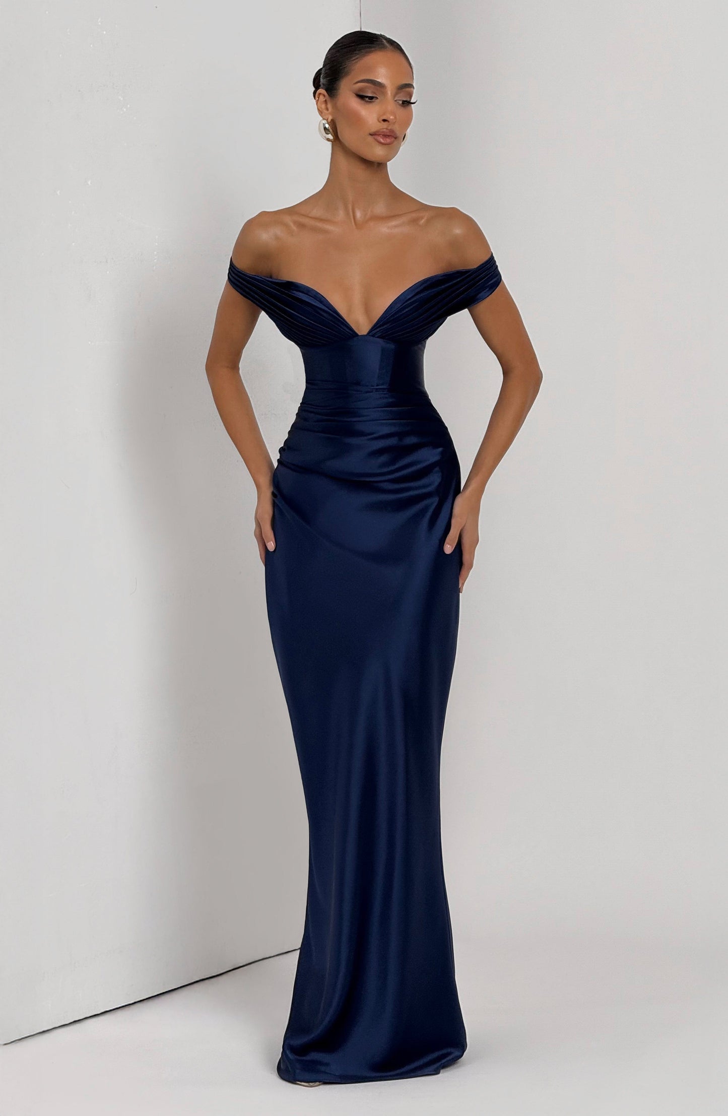 Women's navy eloise pleated maxi dress, close up