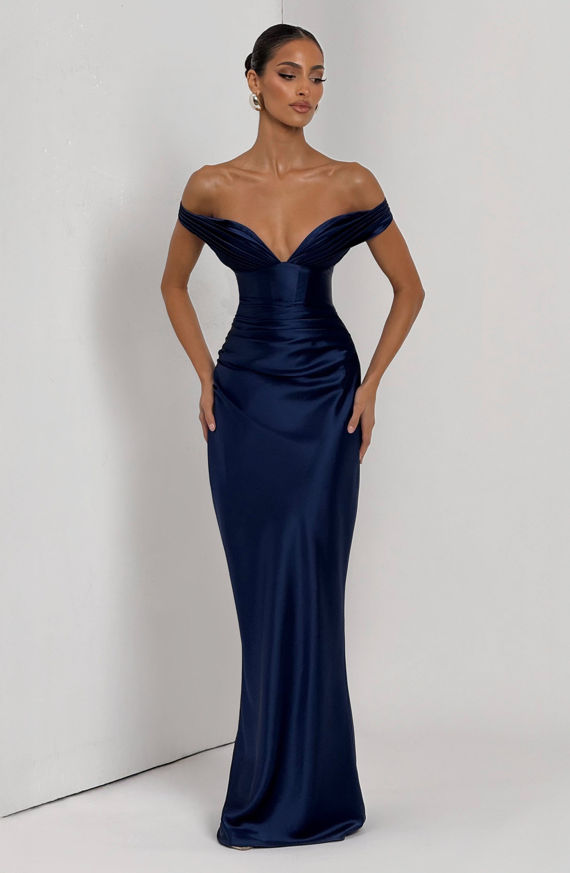 Women's navy eloise pleated maxi dress, close up