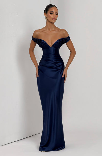 Women's navy eloise pleated maxi dress, close up