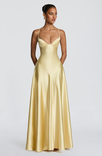 Women's yellow adeline sweetheart maxi dress, front view