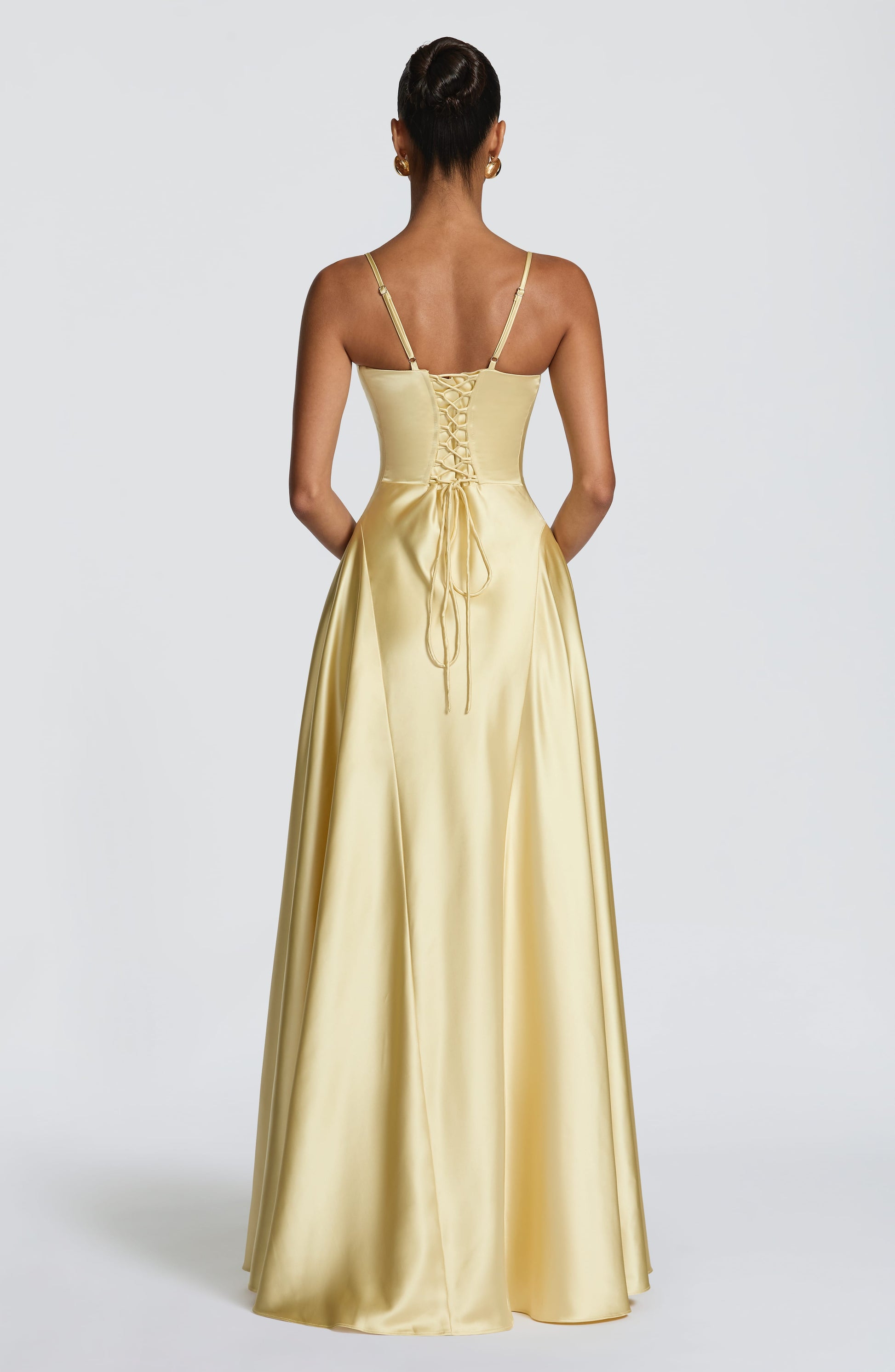 Women's yellow adeline sweetheart maxi dress, back view