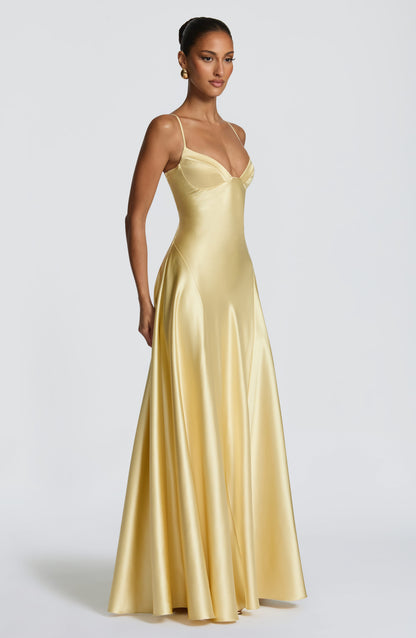 Women's yellow adeline sweetheart maxi dress, side view