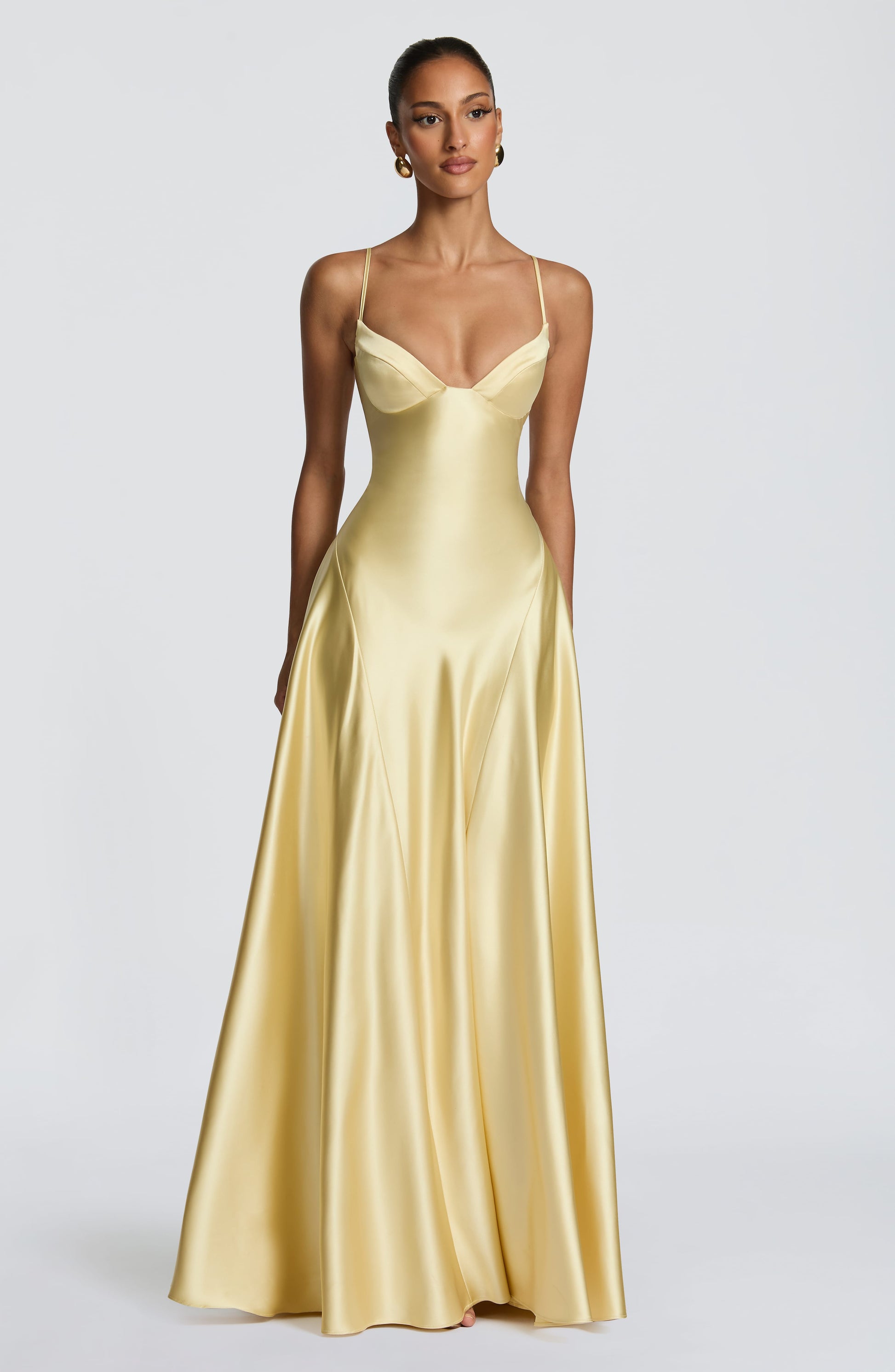 Women's yellow adeline sweetheart maxi dress, styled view