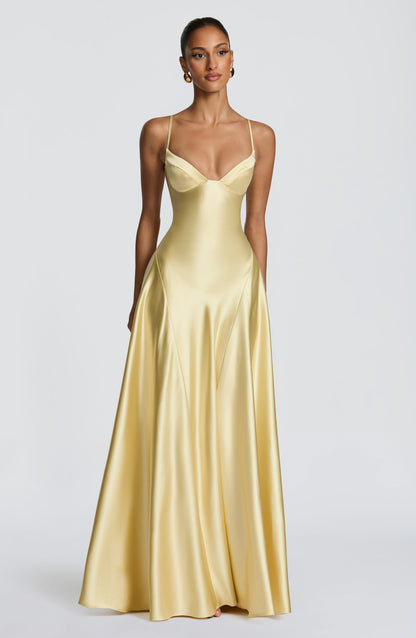 Women's yellow adeline sweetheart maxi dress, styled view
