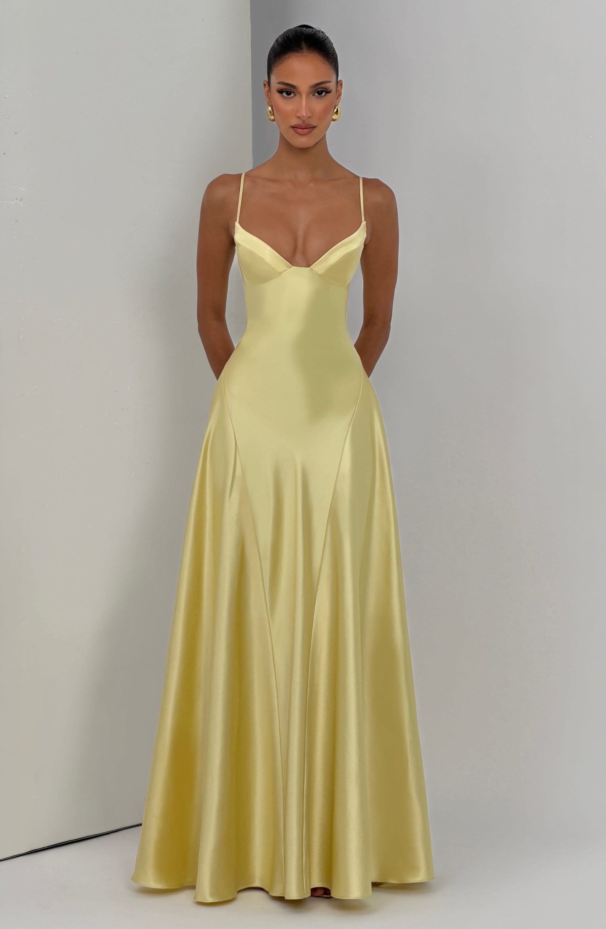 Women's yellow adeline sweetheart maxi dress, close up