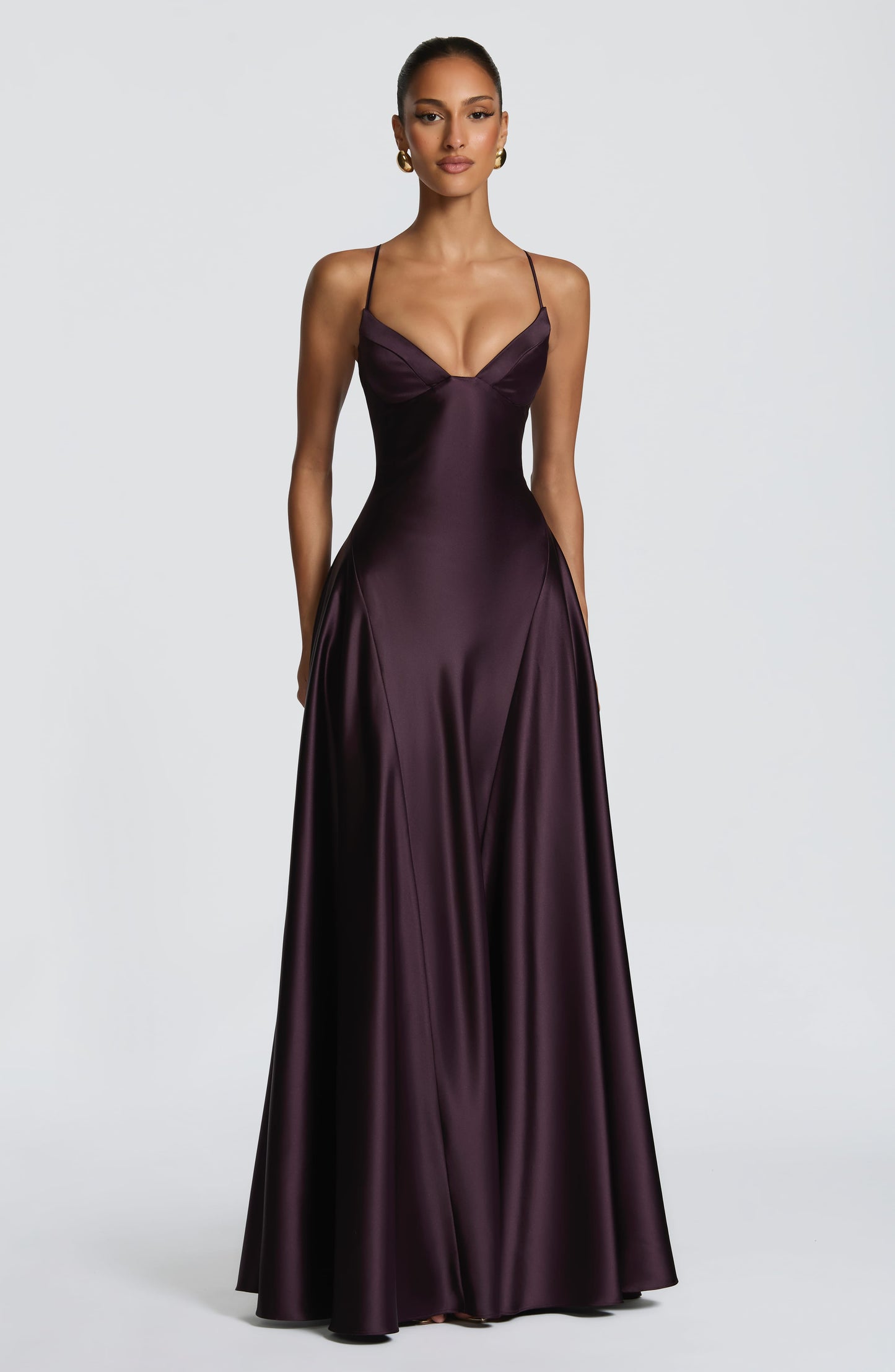 Women's purple adeline sweetheart maxi dress, front view
