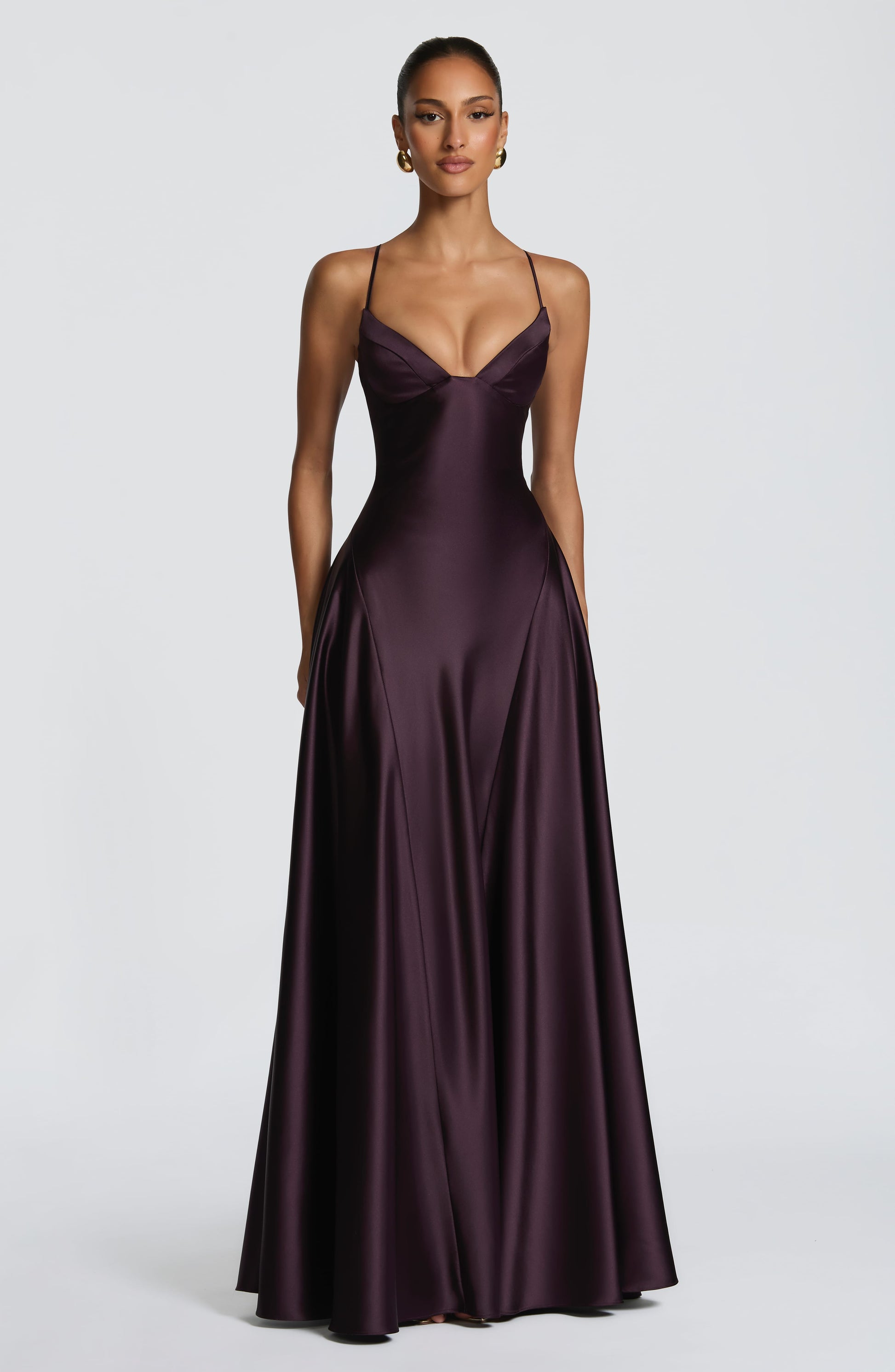 Women's purple adeline sweetheart maxi dress, front view