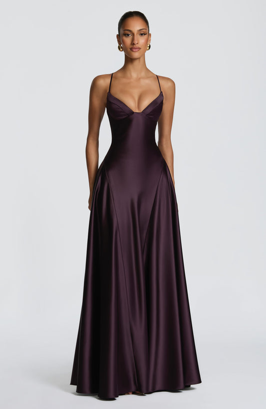 Women's purple adeline sweetheart maxi dress, front view