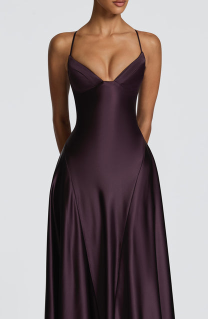Women's purple adeline sweetheart maxi dress, side view