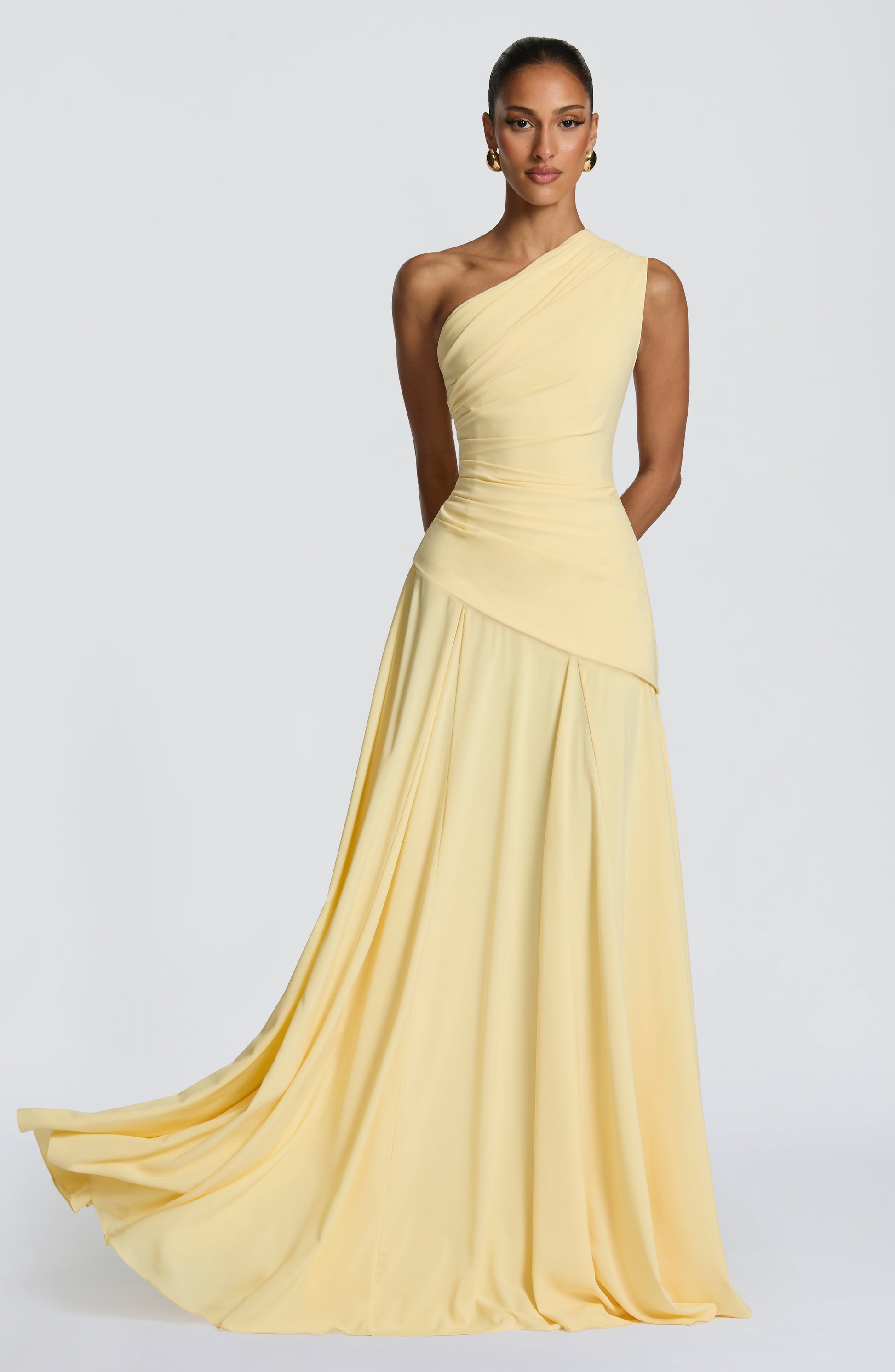 Women's yellow reign ruched maxi dress, front view