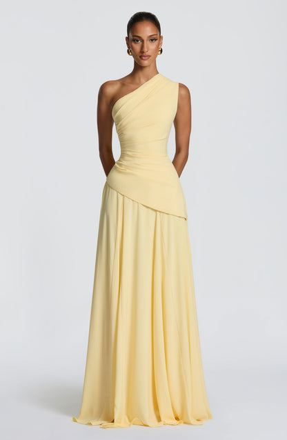 Women's yellow reign ruched maxi dress, back view
