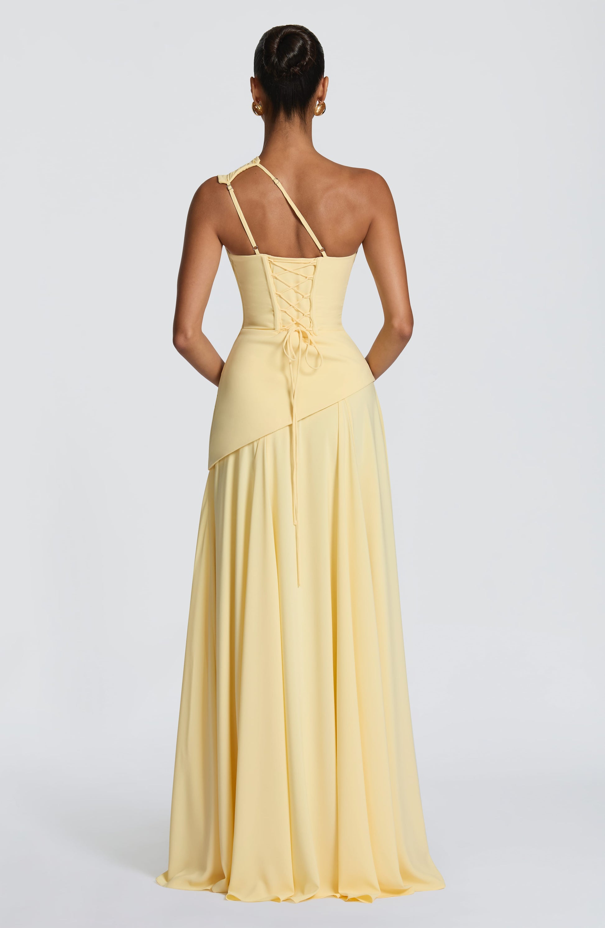 Women's yellow reign ruched maxi dress, side view