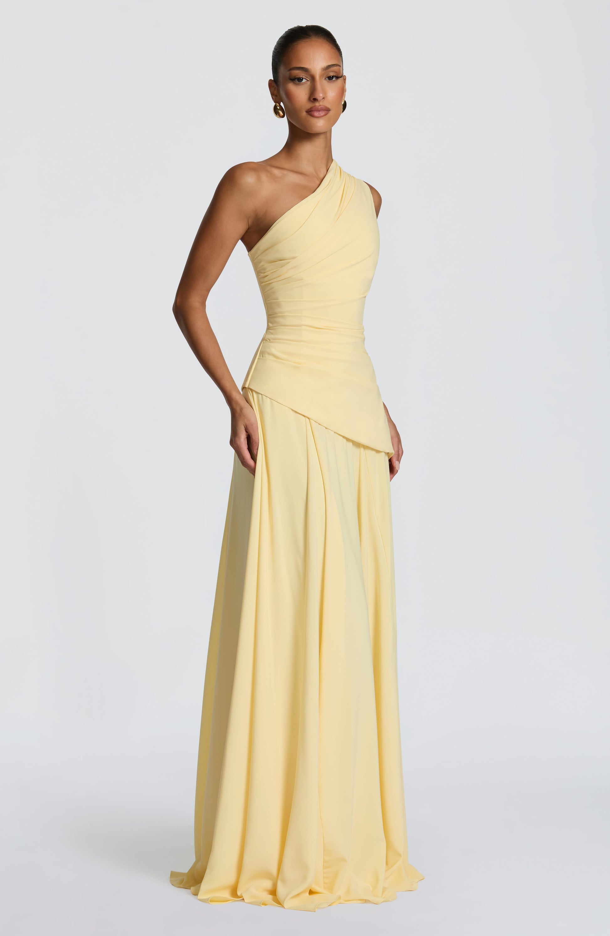Women's yellow reign ruched maxi dress, detail view