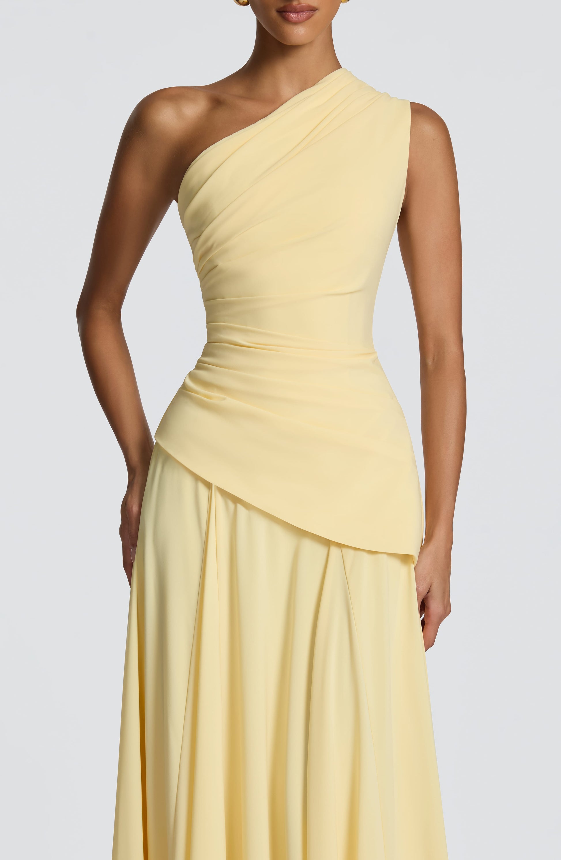 Women's yellow reign ruched maxi dress, styled view