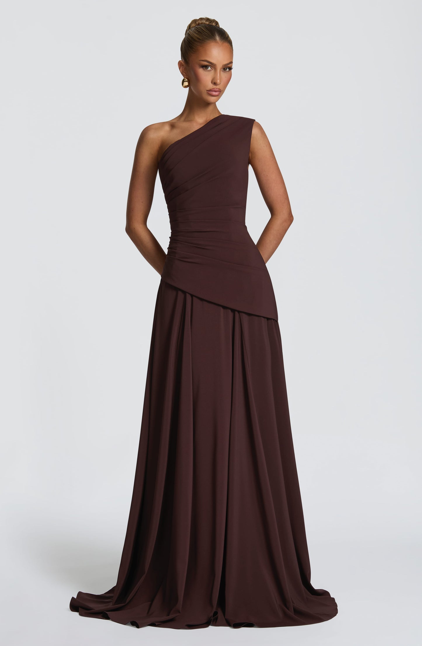 Women's brown reign ruched maxi dress, front view