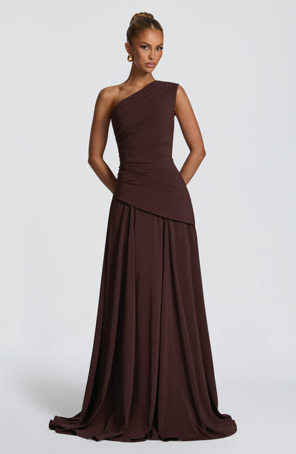 Women's brown reign ruched maxi dress, front view