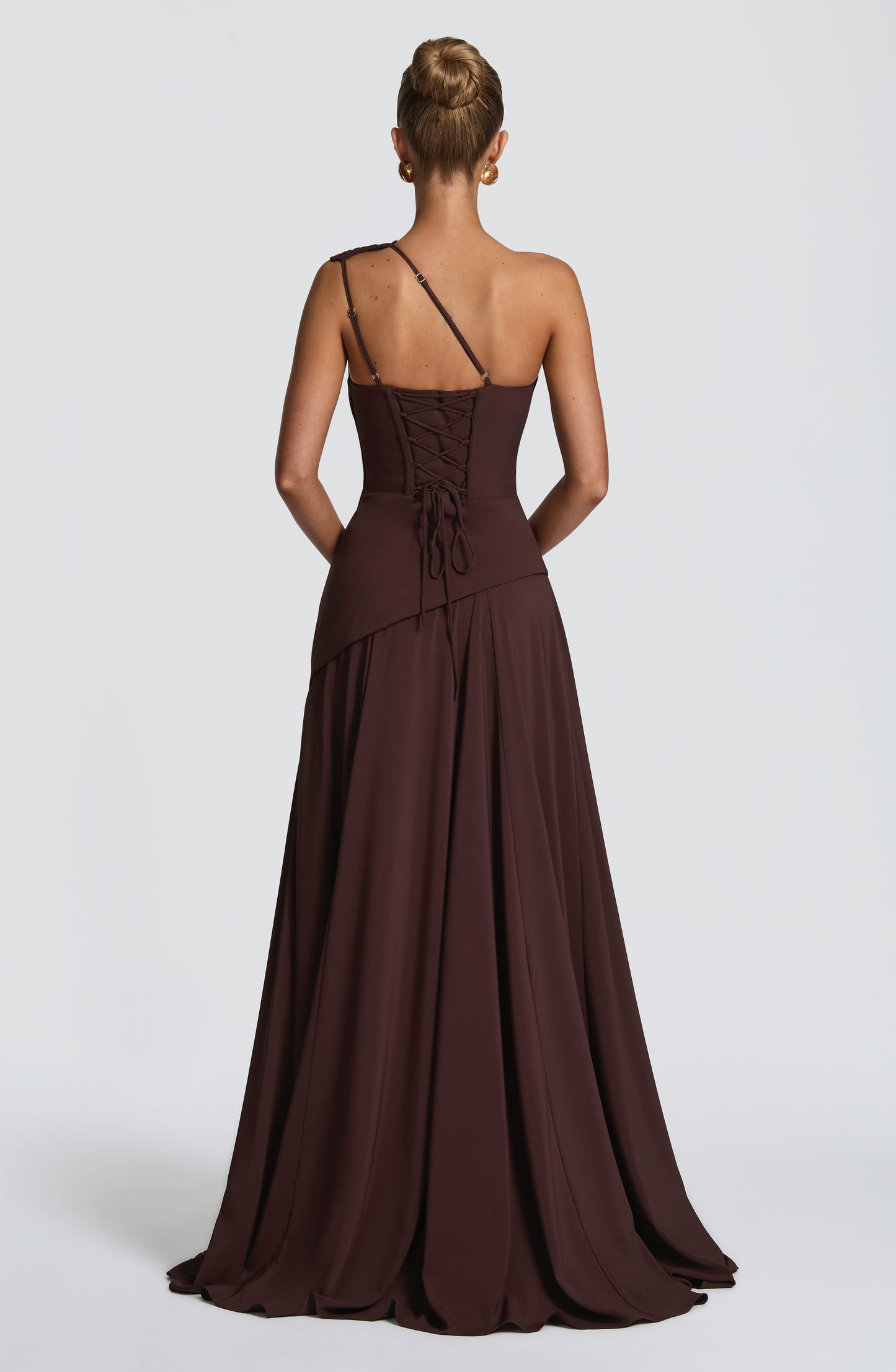 Women's brown reign ruched maxi dress, back view