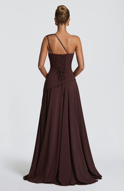 Women's brown reign ruched maxi dress, back view