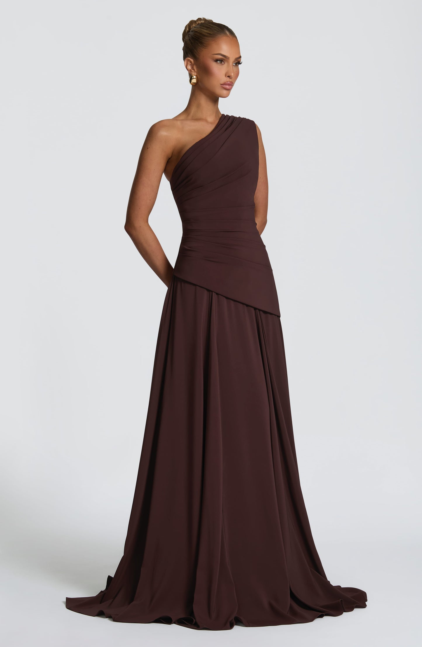 Women's brown reign ruched maxi dress, side view