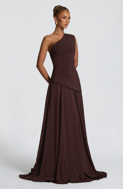 Women's brown reign ruched maxi dress, side view