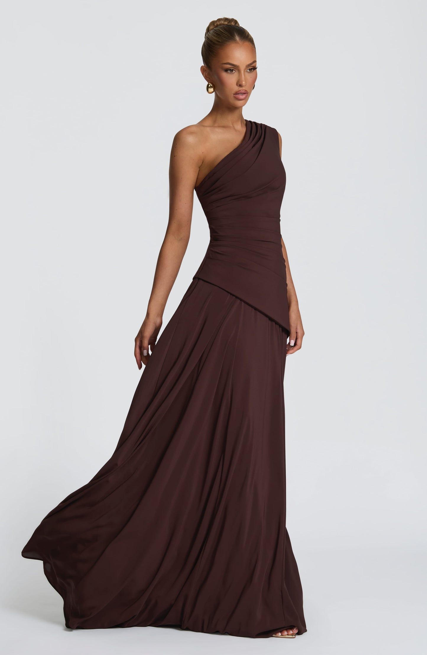 Women's brown reign ruched maxi dress, detail view