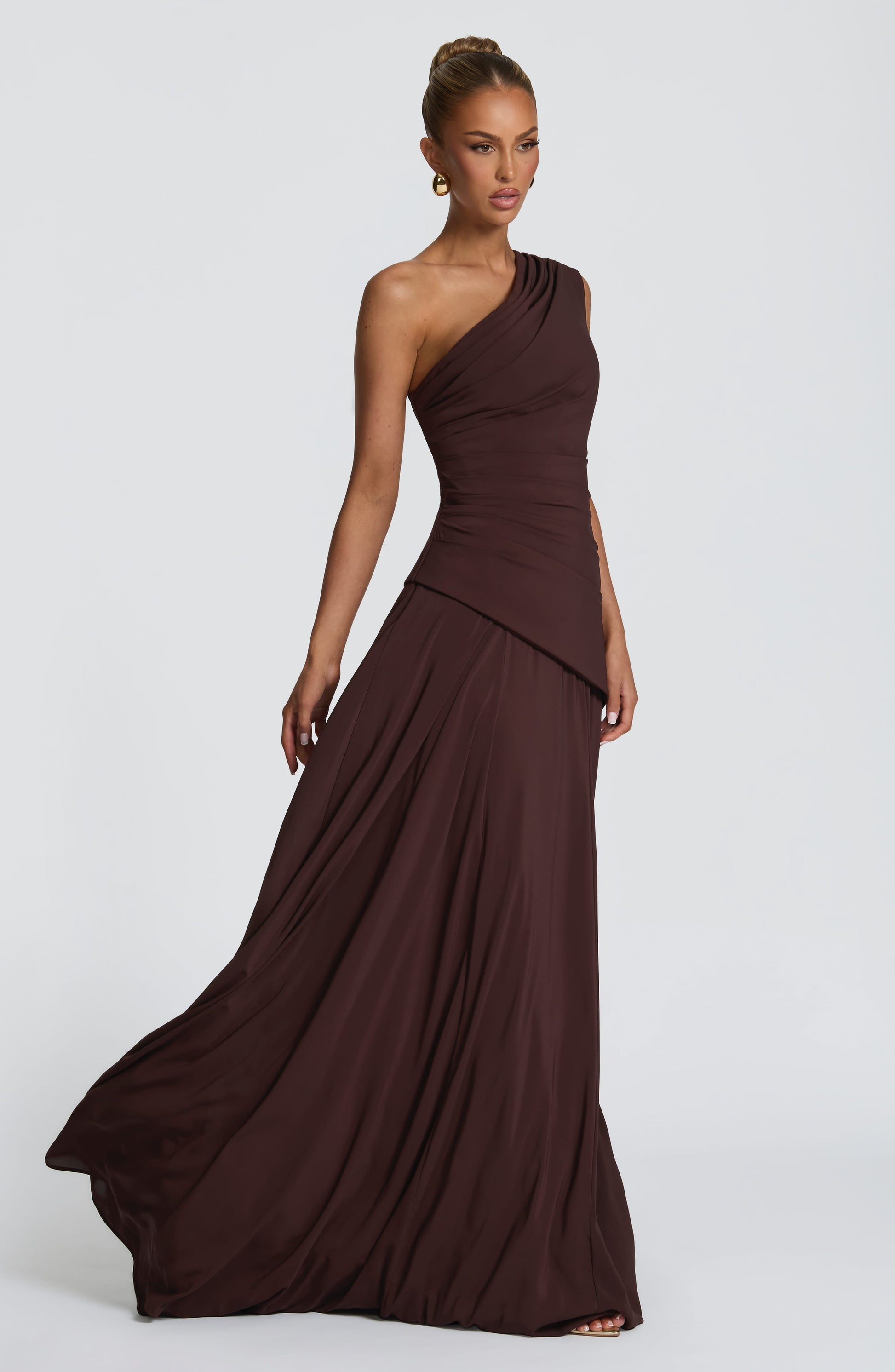 Women's brown reign ruched maxi dress, detail view