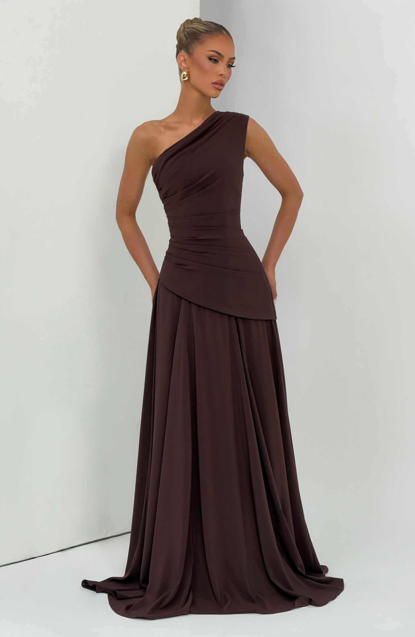 Women's brown reign ruched maxi dress, view 10