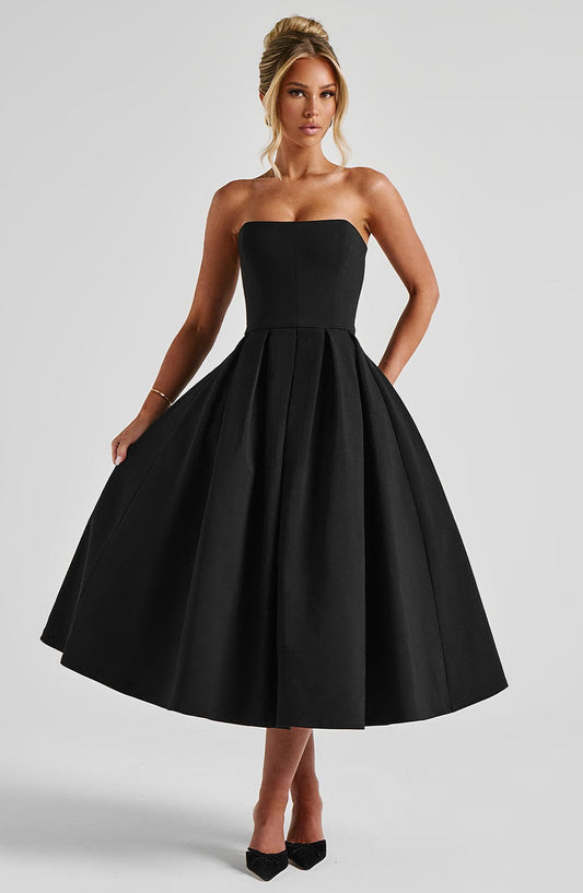 Women's black maeve strapless midi dress, front view