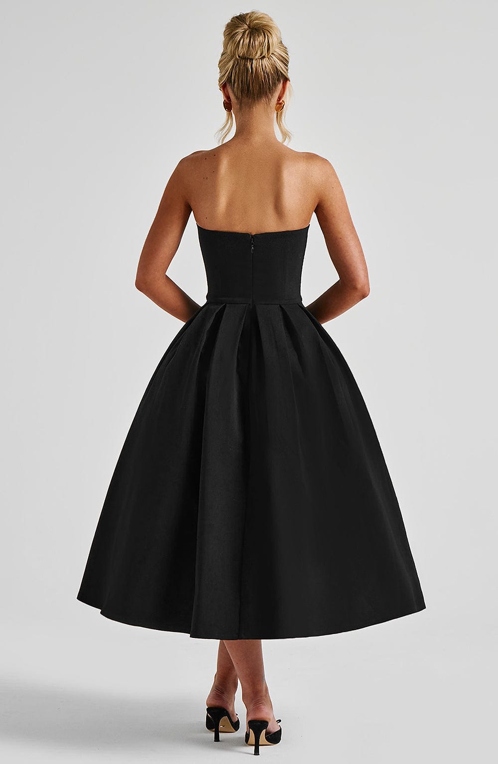 Women's black maeve strapless midi dress, back view