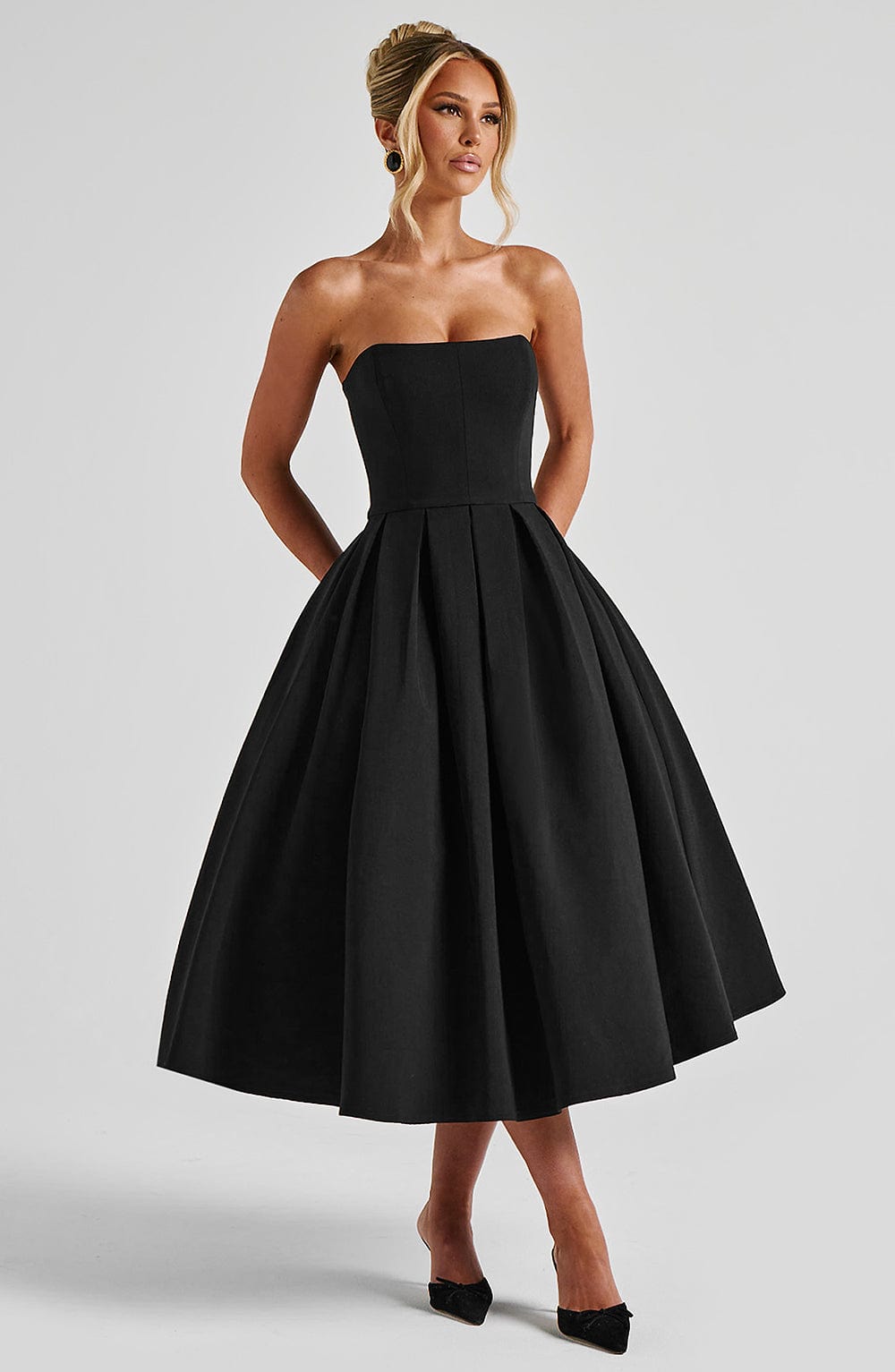 Women's black maeve strapless midi dress, detail view