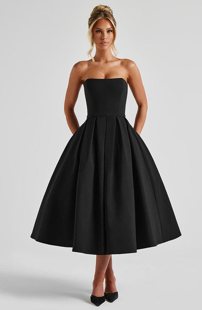 Women's black maeve strapless midi dress, styled view