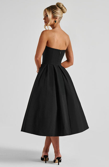 Women's black maeve strapless midi dress, close up