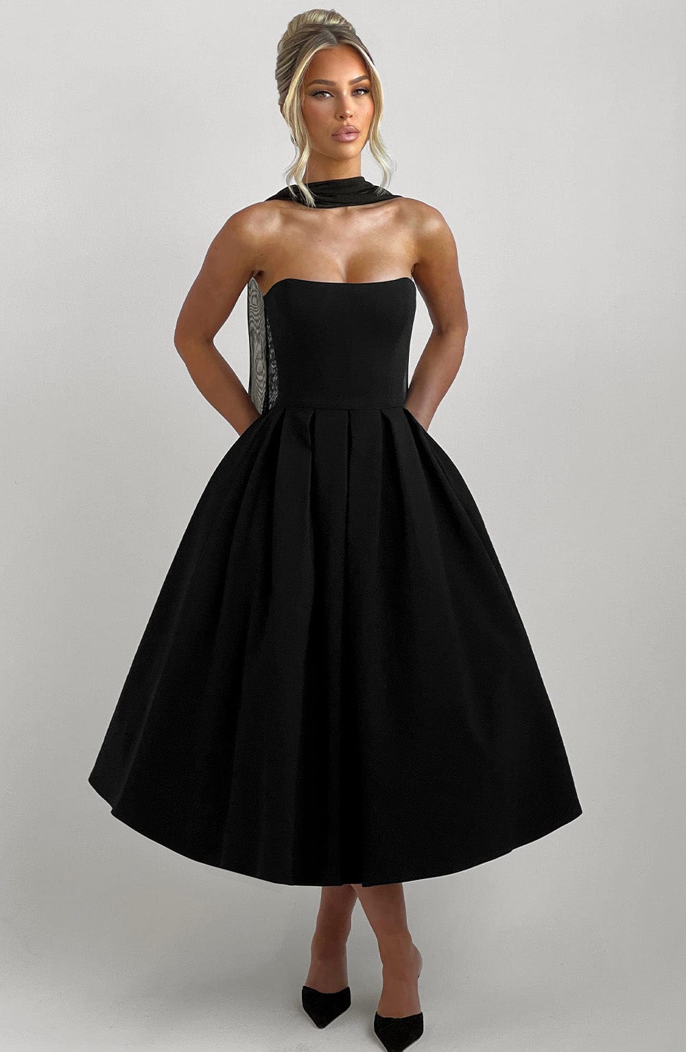 Women's black maeve strapless midi dress, full length view
