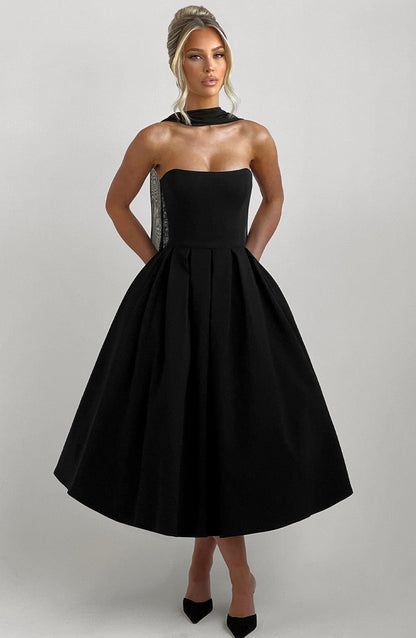 Women's black maeve strapless midi dress, full length view
