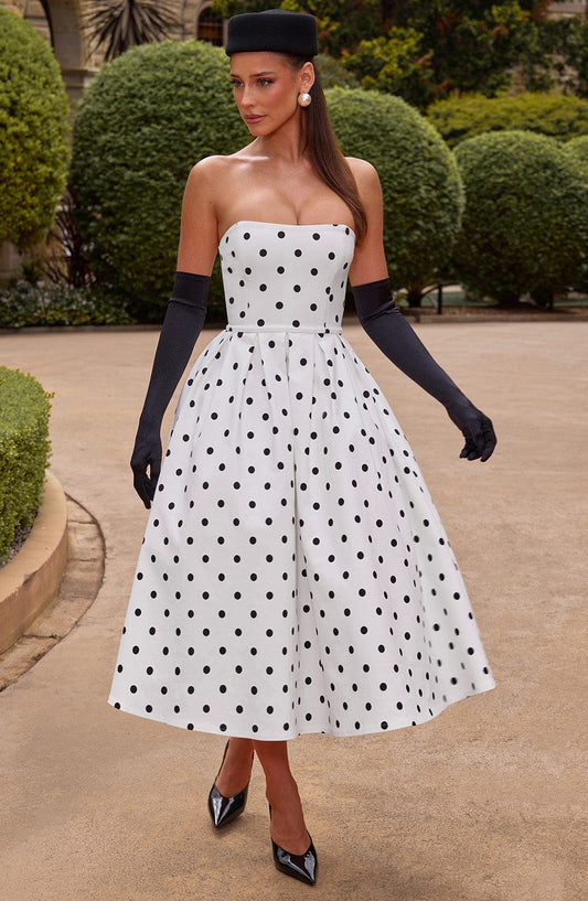 Women's black and white maeve strapless midi dress, front view