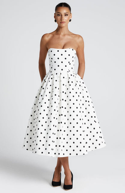 Women's black and white maeve strapless midi dress, close up