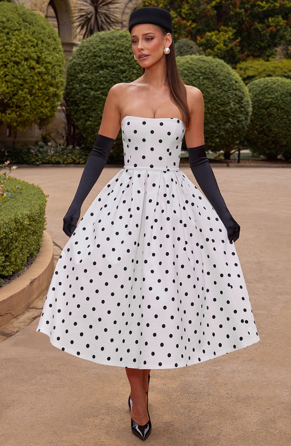 Women's black and white maeve strapless midi dress, back view