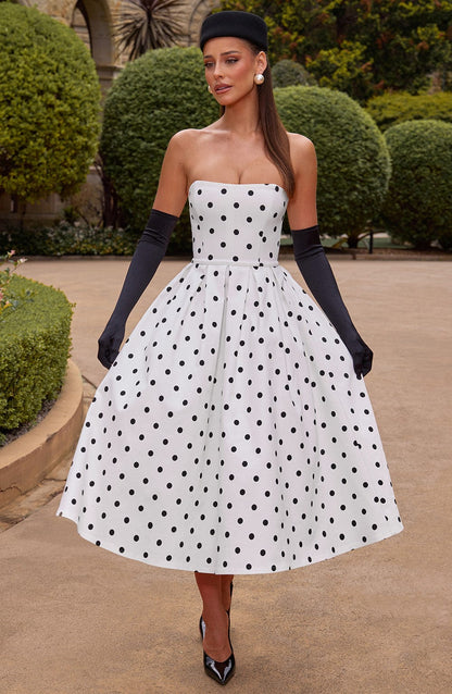 Women's black and white maeve strapless midi dress, back view