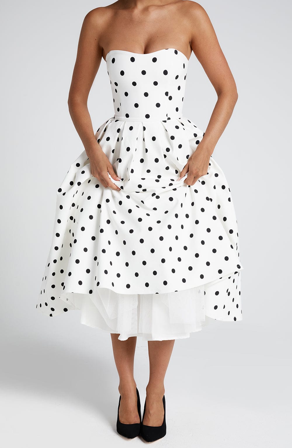 Women's black and white maeve strapless midi dress, side view