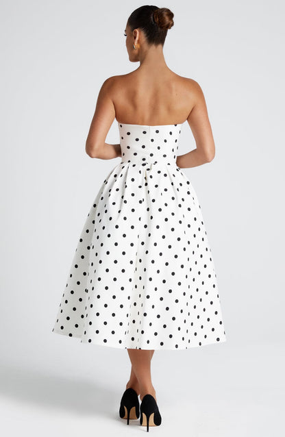 Women's black and white maeve strapless midi dress, detail view