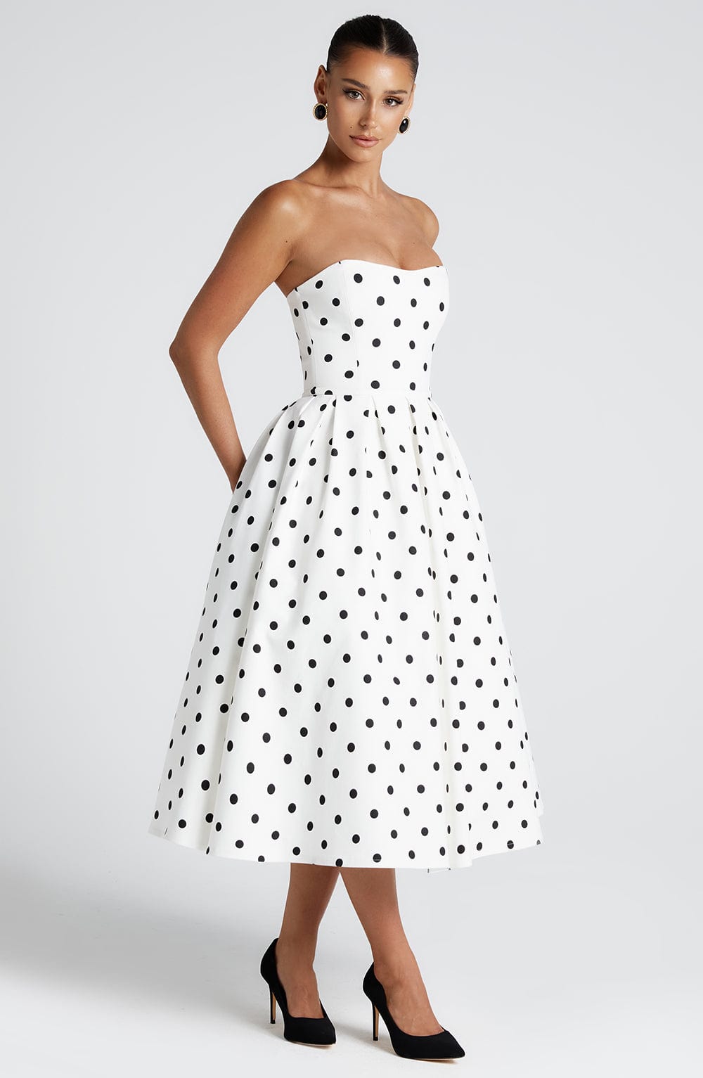 Women's black and white maeve strapless midi dress, styled view