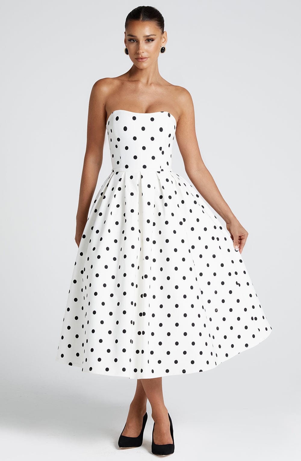 Women's black and white maeve strapless midi dress, full length view