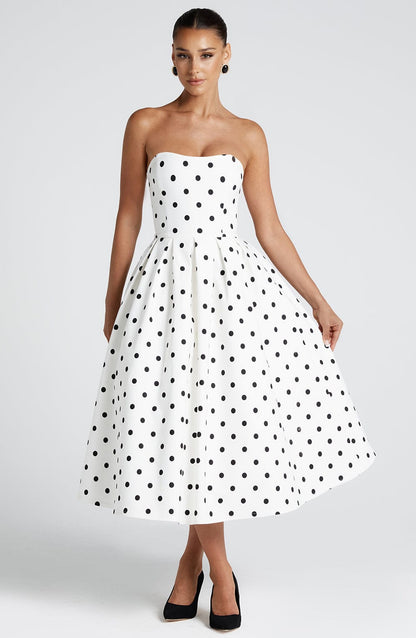 Women's black and white maeve strapless midi dress, full length view