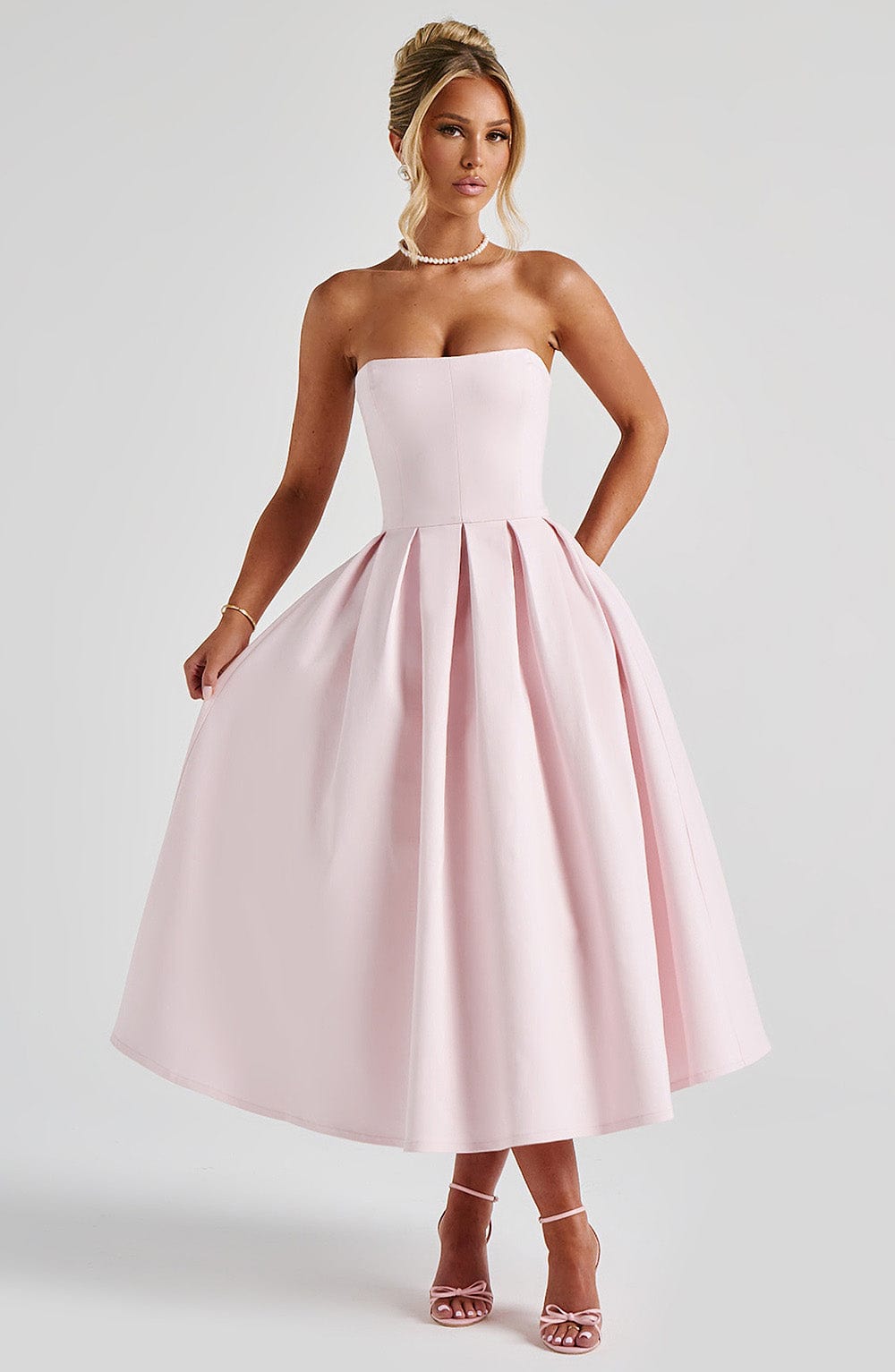 Women's light pink maeve strapless midi dress, detail view
