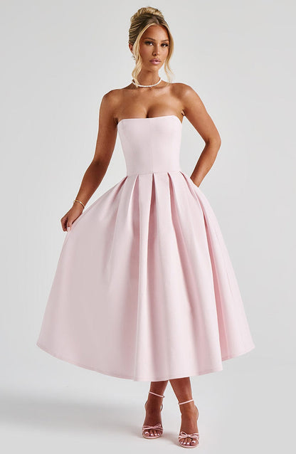 Women's light pink maeve strapless midi dress, detail view