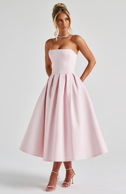 Women's light pink maeve strapless midi dress, full length view