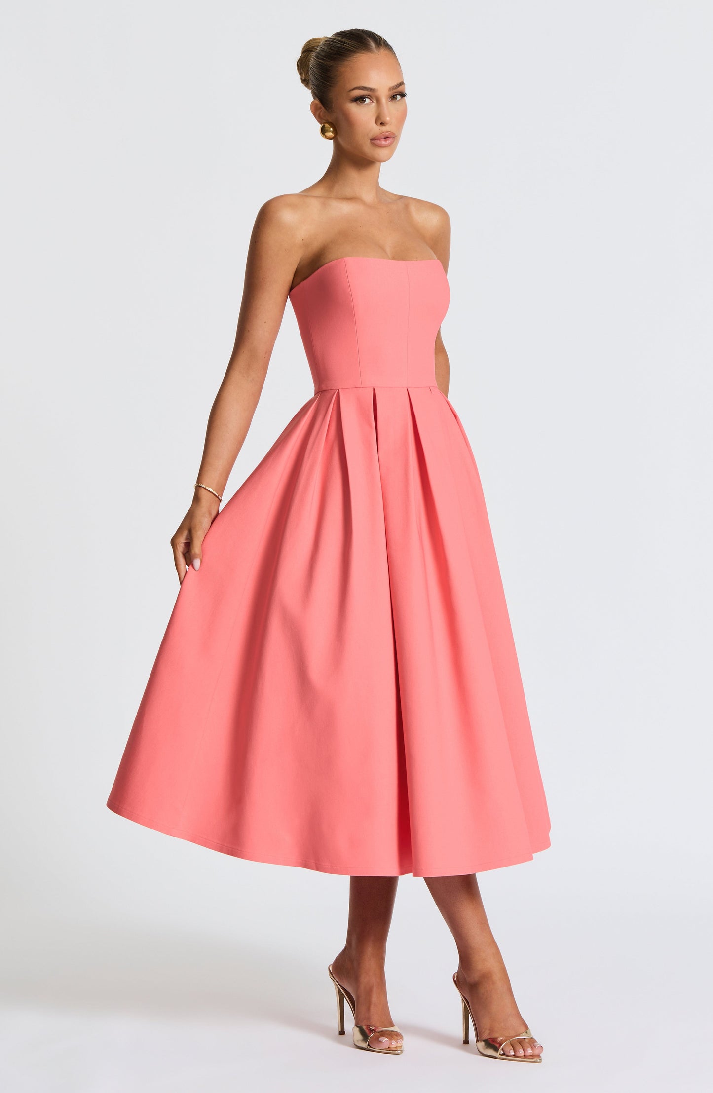 Women's pink maeve strapless midi dress, side view
