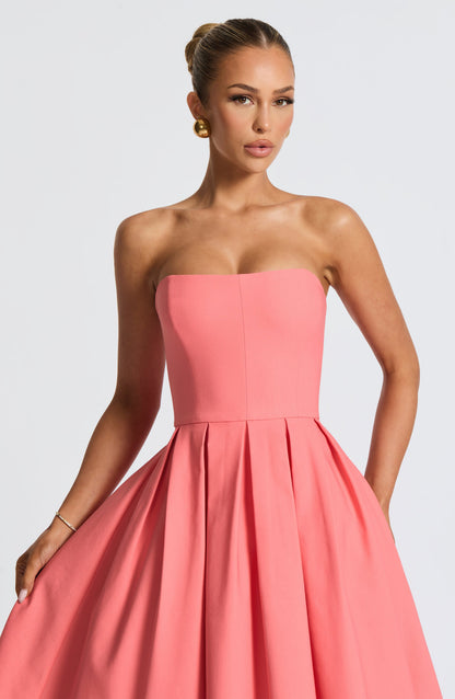Women's pink maeve strapless midi dress, close up
